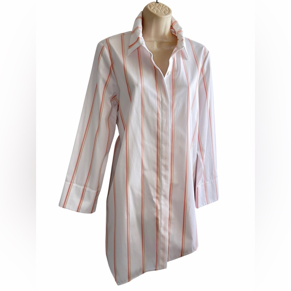 Lafayette 148 White Peach Striped Button Up Shirt Asymmetrical Hem Size M - Picture 16 of 16